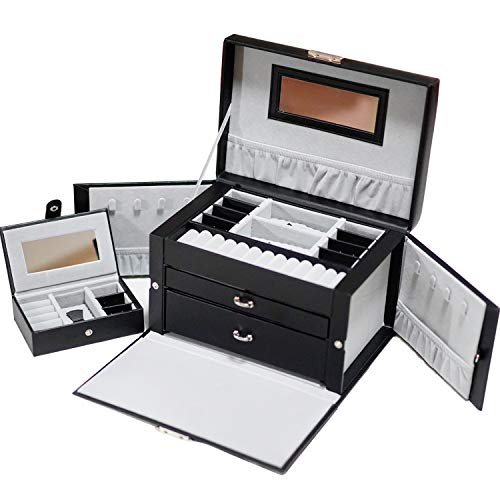 Dainty - Portagioie da Donna con Specchio, in Pelle, a 3 Livelli, con 2 cassetti per collane, bracciali, Orecchini, spilli (Bianco) e Base Metal, Colore: Nero, cod. JB12-BK