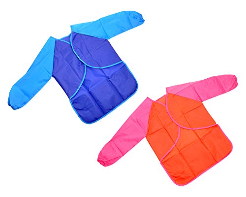 DSstyles Wasserdichter Kinder Malschürze mit langen Ärmeln für Schule und Freizeit, 2 Stück Kunstkittel Malkittel (Blau und Rot) - 4