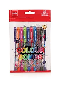 Cello Colour Bombs Coloured Ink Gel Pens - Pack of 10 | 10 Vivid Ink Colours | Coloured Gel Pens | Ideal for Art, Project work, Journal Work, Presentations | Gel Pens Set | Gel Pens for Students