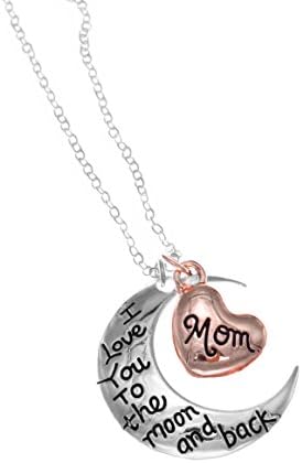 I LOVE YOU TO THE MOON AND BACK HEART PENDANT NECKLACE ROSE GOLD SILVER PLATED GIFT (Mom)