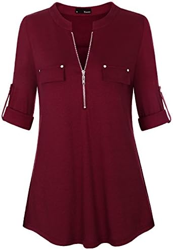 Miurus Tunic Shirts, Fashion Neckline Design Ladies Long Sleeve Work Blouse With Pocket X Large Wine Red Zip Cute Blouses