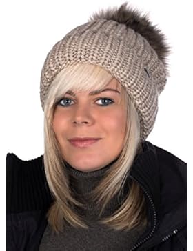 Beanie P Mütze mit Patentmuster gestrickt, Pudelmütze, Wintermütze mit großer Fellbommel aus Fellimitat