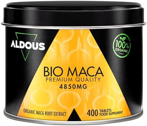 Estratto di Maca Peruviana Pura - 400 Compresse per 4 Mesi - Altamente Concentrata - Maca Bio di Qualità Superiore - Aumenta l'Energia e la Vitalità - Certificazione Bio - ALDOUS