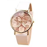 Sanwood Damen Weltkarte-Muster Kunstleder Armbanduhr (Weiß)