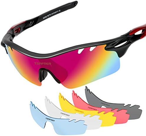 Tsafrer Unisex Polarized Sports Sunglasses with 6 Interchangeable Lenses, Glasses for Men and Women Cycling, Driving, Running, Fishing, Golf, Ski, Tr90 Unbreakable Frame -Black Red