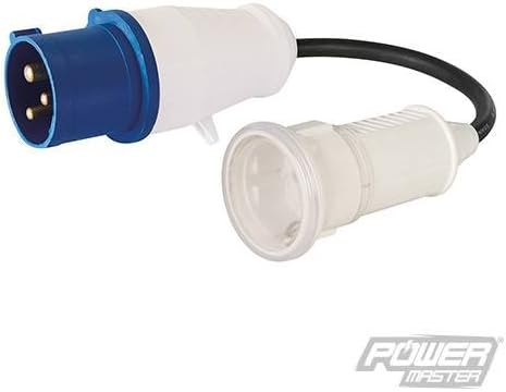 16A CEE 240V Plug to 16A Schuko Socket Fly Lead Co 240V 3-Pin Heavy duty and impact-resistant plug. For commercial, industrial, site and other applications. Blue IEC 60309 ( 2P+E ) 3 Pin, 2-phase plug 16A - 6h (180°) to 240V 16A Schuko CEE 7/3 inline socket . 3G 1.5mm2 H07RNF outdoor cable. IP44 rated.
