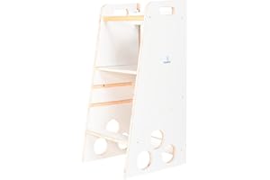 MAMI SRL Learning Tower in Legno con Scivolo Torretta Montessoriana per Bambini Sgabello Pedana Bimbo Apprendimento con 3 Livelli di Altezza (Bianco, Classica)
