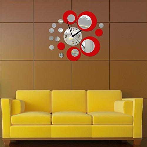 Itian Metall-Wanduhr mit Spiegeleffekt Dekoration, Modernes Design Wandaufkleber, für Wohn / Schlafzimmer usw. (Silber und Rot) - 5