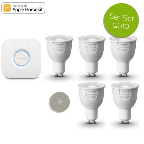 Philips Hue White and Color LED GU10 6, 5 W (25 W) - Starterkit mit Bridge HUE Starter-Set inkl. 5 Leuchtmittel (3er Starter-Set + 2x Erweiterung)