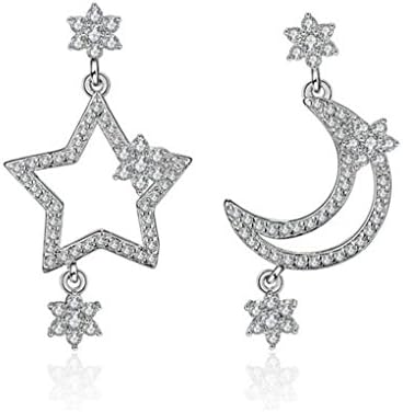 Wunhope Earrings Women Ladies Girls 925 Sterling Silver Star moon anti-allergic Zirconia Asymmetric stud earrings
