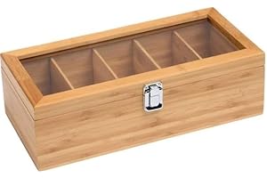 ASelected Bamboo Tea Box, Chest Organiser with 5 Compartments, 30 x 10 x 9 CM Tea Bag Organiser with Acrylic Glass Lid for Spices Coffee Beans Jewellery Storage