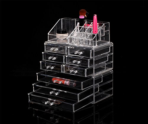 WOLFTEETH Clear Acrylic Make Up Organiser Case 3 Pieces Set total 25 Sections with 9 Drawers 5009