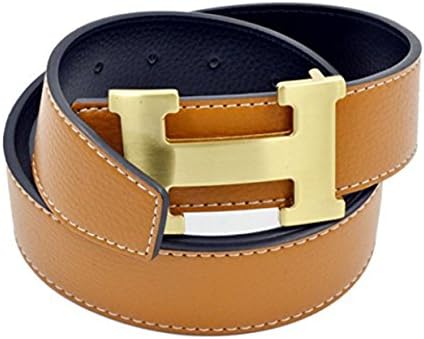 H Style Unisex Leather Belt (3.8 cm Width) (Brown / gold, 110cm)