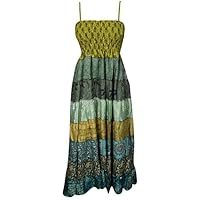Freya Womens Gypsy Strap Dresses Patchwork Upcycled Silk Smocked Bodice Holiday Boho Goddess Sundress S/M