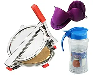 Vessel Crew Combo of Stainless Steel Puri/Roti Maker Press, Plastic Oil Dispenser and Silicone Untensil Pinch Grip