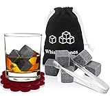 Pierres à Whisky [avec 2 sous-verres rouges et 1 pince en acier inoxydable], PEMOTech (9 PCS) pierres à whisky en Granite naturelle réutilisables avec une Poche de Mousseline,Cadeau de Noël Parfait
