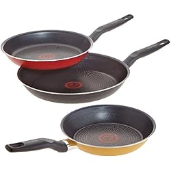 Tefal WM de poêles 3 pièces Poêles 20 cm 24 cm 28 cm, Aluminium, Noir/Rouge/Jaune doré, de 3 unités