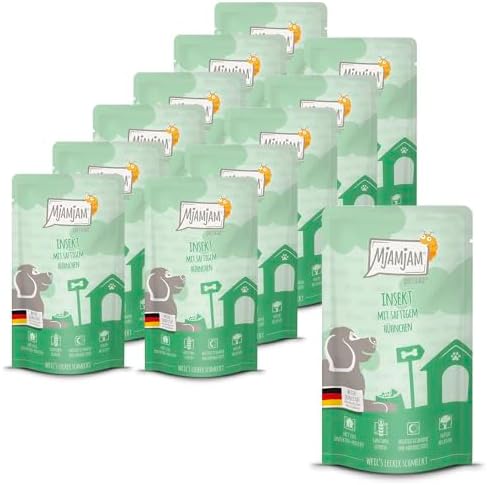 MjAMjAM - Cibo umido premium per cani - Quetschie - insekt con pollo, confezione da 12 (12 x 125g), senza cereali con carne extra