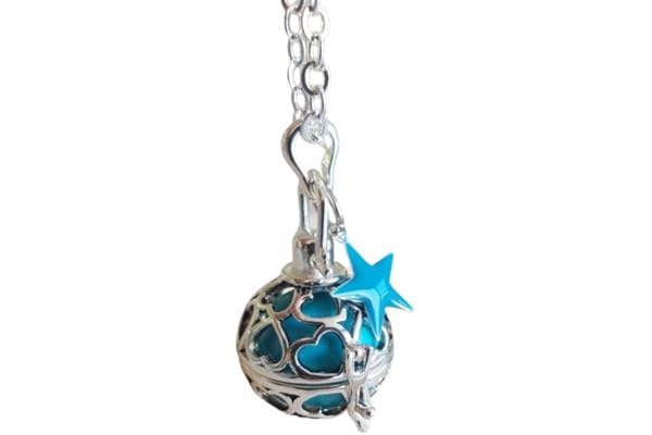 Naïris bijoux Bola de Grossesse en argent avec chaine. Cage coeur, bille bleu turquoise, avec etoile bleu turquoise. Modèle Pramana