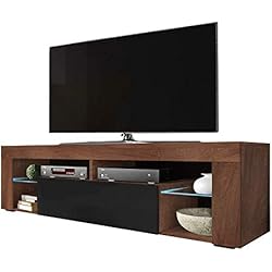 Selsey Hugo - Meuble TV/Banc TV 140 cm (avec LED, Noyer Caravaggio/Noir Brillant)
