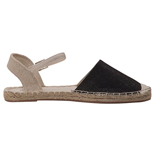Japanwelt Damen Espadrilles Glitzer Canvas Sandalen Offen mit Riemchen Sommerlatschen Leinen Schwarz Beige Größe 39 - 5