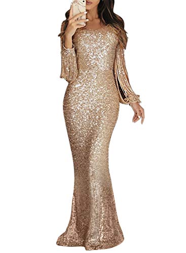 FIYOTE Robe Femme à Paillettes Robe Cocktail Manches à Franges Robe de Soirée Moulante Sexy Robe Maxi Col Rond Abricot M(EU40-42)