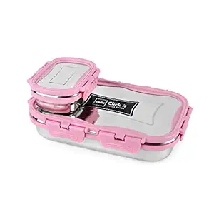 Cello Click It Stainless Steel Lunch Pack for Office & School Use (Veg Box Included Pink), Capacity - 175-1pc, 925ml-1pc