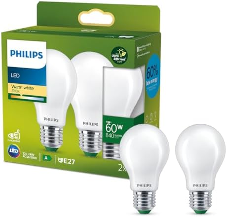 Philips LED Lampadina a Goccia Smerigliata Classe A Ultra Efficent, 2 Pezzi, 60W, E27, Luce Bianca Calda