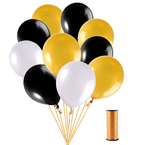 Mudder 12 Zoll Latex Party Ballons (Golden, Weiß und Schwarz) mit Golden Curling Band Rolle für Party Dekorationen und Bedürfnisse