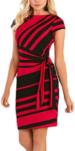Annflat Women's Summer Stripe Short Sleeeve Knot Elegant O-Neck Sheath Dress Medium Red Black