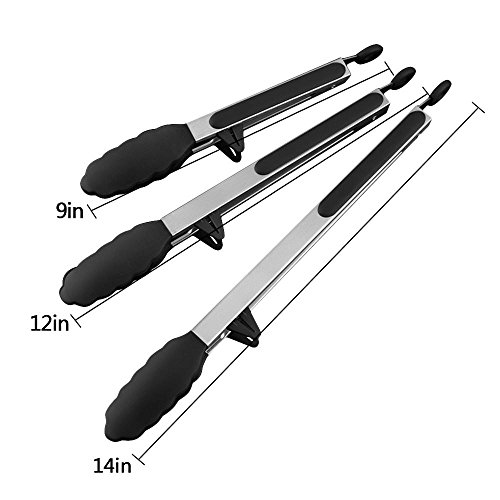 Pince Barbecue de Cuisine Lot de 3 (9''  &  12''  &  14''), Pawaca Acier Inoxydable Silicone Astuce Pinces avec Antidérapant, Auto Verrouillage et Sans BPA, Idéal pour Pince à Servir, Spaghetti, Buffet, Bbq, Four, Plancha, Salade, Pain Grillé, Glaçon, Viande, Légumes