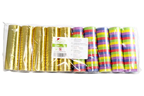 KIDDYPARTY Luftschlangen, 10er Pack PREMIUM Qualität Papierschlangen, 5 Stück Gold/weiß metallic, 5 bunte & schwer entflammbar. Für Deko, Geburtstage, Parties, Karneval, Hochzeiten und Silvester.