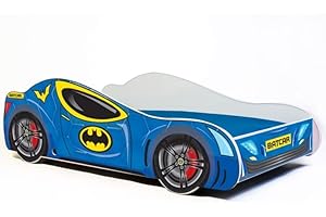 KOBI Letto per bambini Bat Car | 140 x 70 cm | Multicolore | Tema Batman Batmobil Supereroe | Letto per bambini ragazzo ragazza | con rete e materasso | Letto capanna con barriere