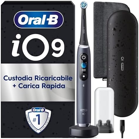Oral-B Spazzolino Elettrico Ricaricabile iO 9 Nero Edizione Limitata, 1 Spazzolino elettrico, 1 Testine Oral B Di Ricambio, Custodia Da Viaggio, Astuccio Magnetico, Per Una Pulizia Denti Efficace