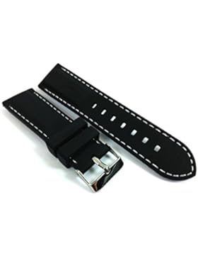 Herzog Silikon Uhrband 24mm, glatt schwarz mit weißer Ziernaht und Edelstahl Dornschließe.