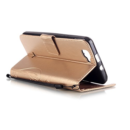Wiko Rainbow Hülle,Wiko Rainbow 4G Ledertasche Brieftasche im BookStyle,SainCat PU Leder Wallet Case Folio Reliefprägung Schutzhülle Schmetterling Muster Hülle Braun Bumper Handytasche Skin Schale Soft Backcover Handy Tasche Flip Cover Buchstil Klapptasche in Lederoptik mit Standfunktion Karteneinschub und Magnetverschluß Etui Flip Case für Wiko Rainbow 4G (Golden) - 5
