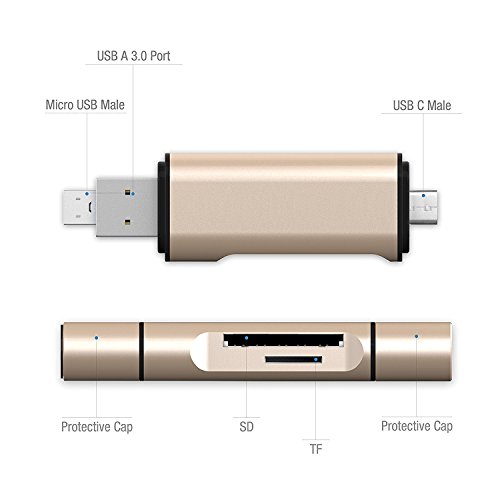 Jelly Comb USB3.0 SD TF Kartenleser mit Adapter 3-in-1 USB-A / Micro USB / USB-C Typ-C, SuperSpeed Memory Card Reader USB Kartenlesegerät für Micro SD/SDXC TF Kartee, Gold - 4