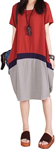 Mineroad Women's Knee Length Short Sleeve Round Neck Mixed Colors Spliced Cotton Linen Summer Irregular Dress Red UK 14