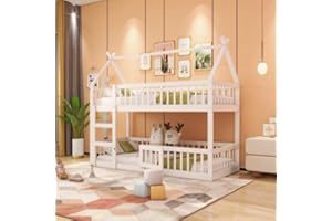 MYBOO Etagenbett 90x200, Kinderbett Hochbett für 2 Kinder, Hausbett mit Treppe und Tür, Kinderhochbett mit Rausfallschutz und Lattenrost, Bettgestell Stockbett Familienbett Loft Bett, Massivholz, Weiß