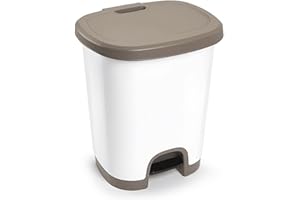 CABLEPELADO Cubo de basura plástico con pedal, Papelera con tapa, Libre de BPA, 45 cm alto x 38 cm ancho x 32 cm fondo, Capacidad 27 litros, Blanco con tapa marrón