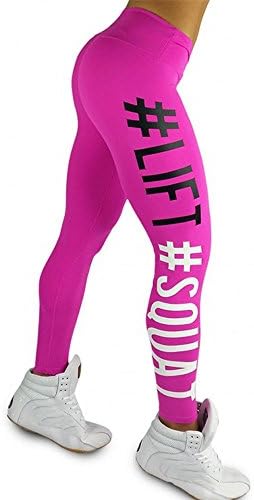 LILICAT Women's Fashion Ladies Sexy Yoga Pants Workout Leggings Fitness Sports Gym Running Yoga Athletic Pants Letter Life Squat Print (Hot Pink, Size:L)