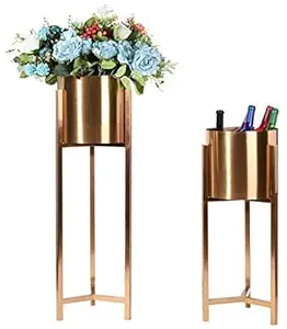 Ezzu Crafts Set of 2 Modern Plant Stand- Set with Tall Metal Stand, Decorative Standing Flower Succulent Pot Holder, Indoor Outdoor Terrace Patio Home Decor Colour (Copper)