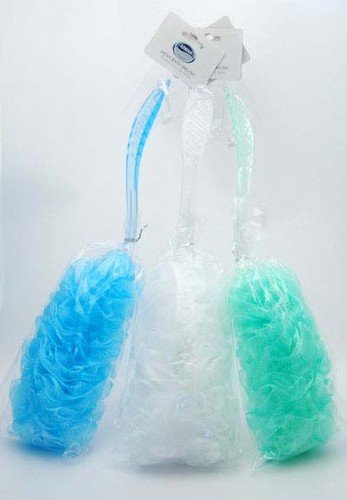 1 Back Bath Mesh Puff Brush & Long Plastic Handle - in White, Green or Blue (Pale Blue)