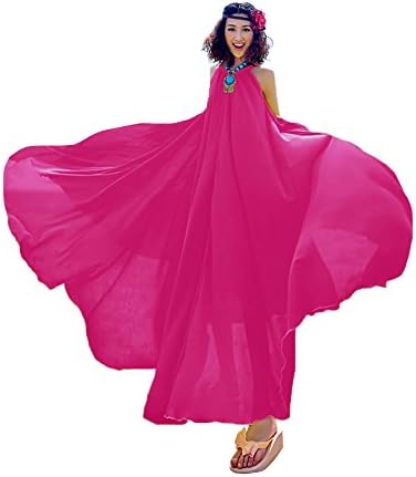 Years Calm Women’s Summer Bohemia Chiffon Big Skirt Sexy Sleeveless Loose Beach Vacation Dresses (One Size, Pink)