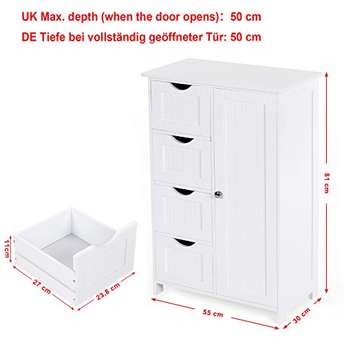 Songmics Badschrank Beistellschrank Kommode mit 4 Schubladen u. 1 Schrank-Abteil aus Holz weiß 55 x 81 x 30 cm (B x H x T) LHC41W - 4