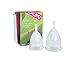 Produktbild Menstruationstassen Set Yuuki classic 2 Stück klein bzw small + groß Kombi aus medizinischem Silikon transparent BPA-frei - Menstruationstasse Menstruationsbecher Menstruationskappe waschbar mit Becher zur Aufbewahrung und Reinigung durch Desinfizieren oder Sterilisieren in der Mikrowelle für Frauen zur Intimhygiene als Alternative zu Tampons und Binden