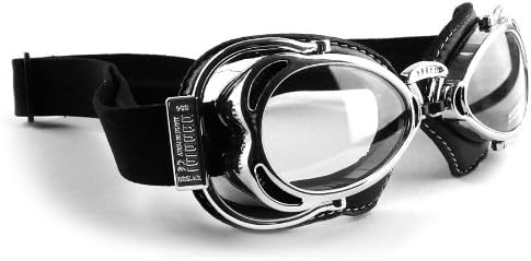 Nannini Hot Rod Motorcycle Goggles with Polycarbonate Chrome Frames and Black Leather - Made in Italy (Clear Lenses)