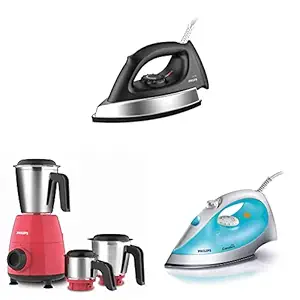 Philips GC181 Heavy Weight 1000-Watt Dry Iron & 2 500W Mixer Grinder, Red & 200-Watt Steam Iron (Color May Vary)
