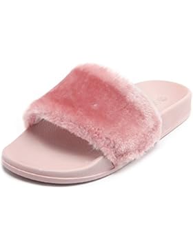 SANDALUP Damen Bequem Pantolette mit Kunstfell