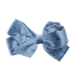 Big Velvet Hair Bow Clip With Design 7 Inch Blue